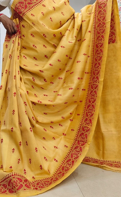 Pure Bangalore Silk Kantha - Yellow and Red