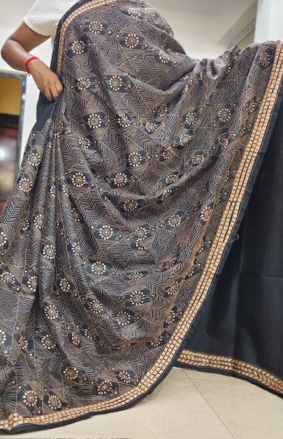 Pure Bangalore Silk Kantha - Black and Beige