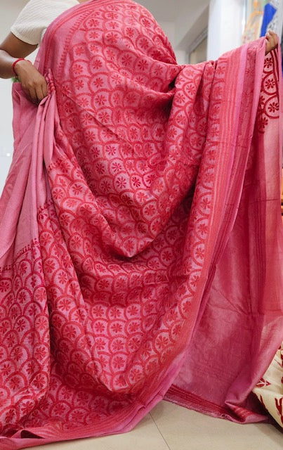 Pure Bangalore Silk Kantha - Pink and Red