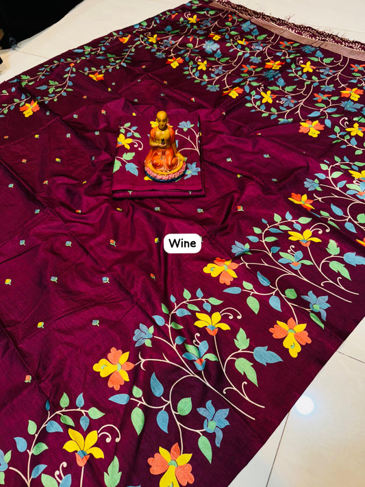 Tussar Handblock - Maroon