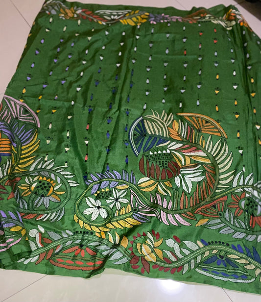 Pure Bangalore Silk Kantha - Green