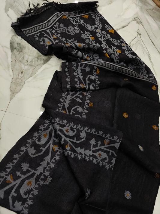 Pure Gachhi Tussar Jamdani - Black