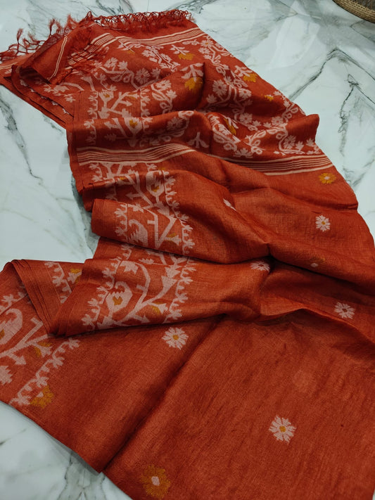 Pure Gachhi Tussar Jamdani - Rust
