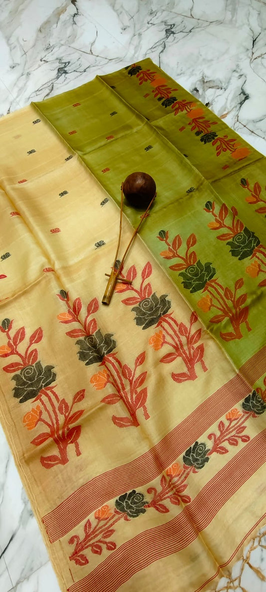 Dual Color Pure Tussar Jamdani- Beige Green