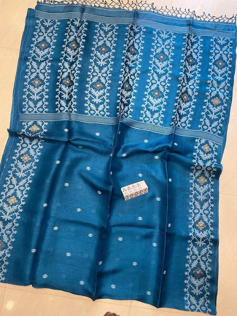 Pure Gachhi Tussar Jamdani - Cobalt Blue