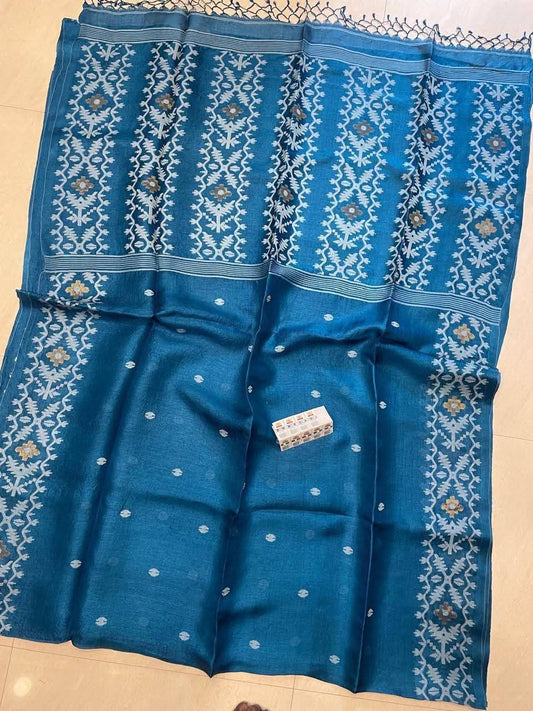 Pure Gachhi Tussar Jamdani - Cobalt Blue