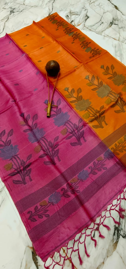 Dual Color Pure Tussar Jamdani - Pink Orange