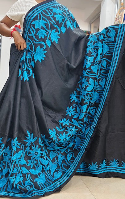Pure Bangalore Silk Kantha - Black and Turqoise