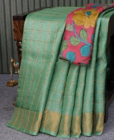 Tussar - Zari Check with Pen Kalamkari Blouse Piece - Pista Green