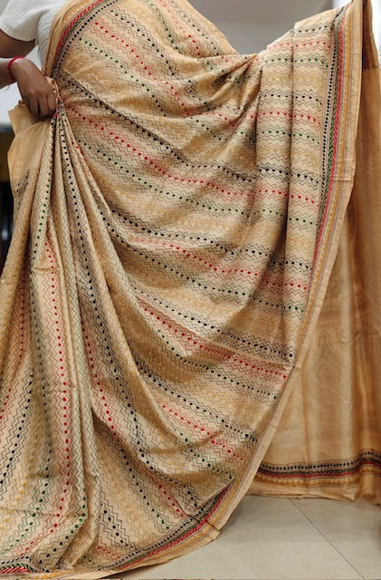 Pure Bangalore Silk Kantha - Beige Multicolor