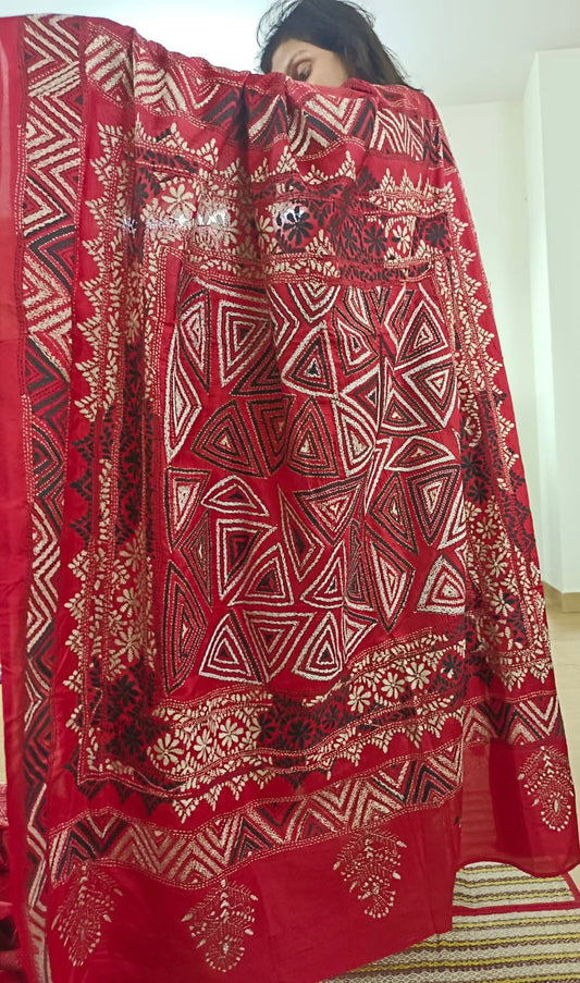 Dupion Silk Kantha Stitch - Maroon