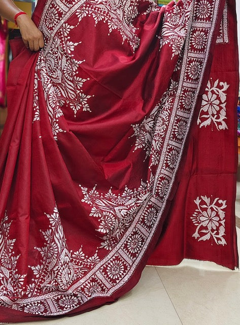 Pure Bangalore Silk Kantha - Bridal Red and White